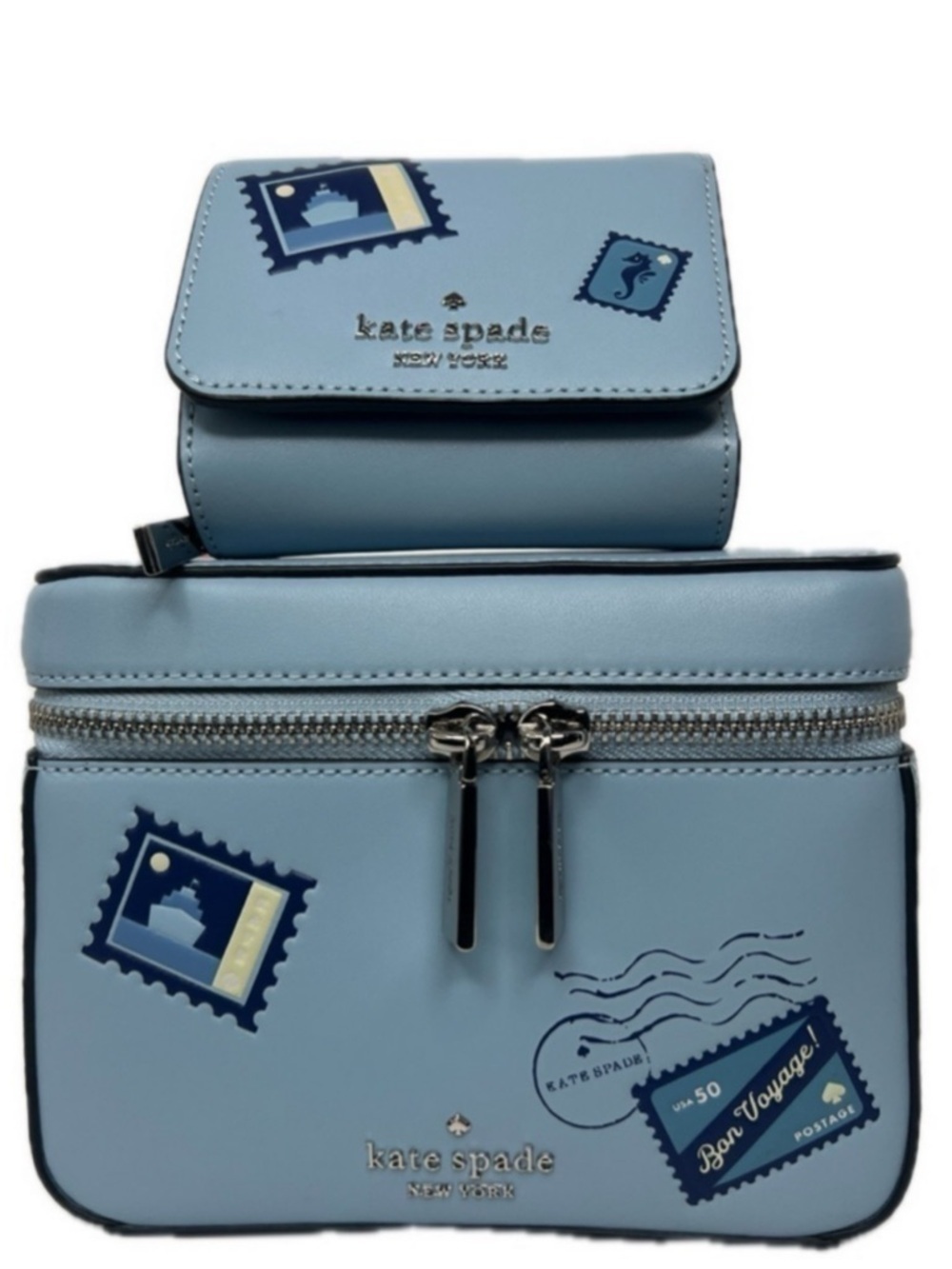 Kate Spade Off the Grid Passport Bon Voyage Luggage Set Blue Bag and Wallet